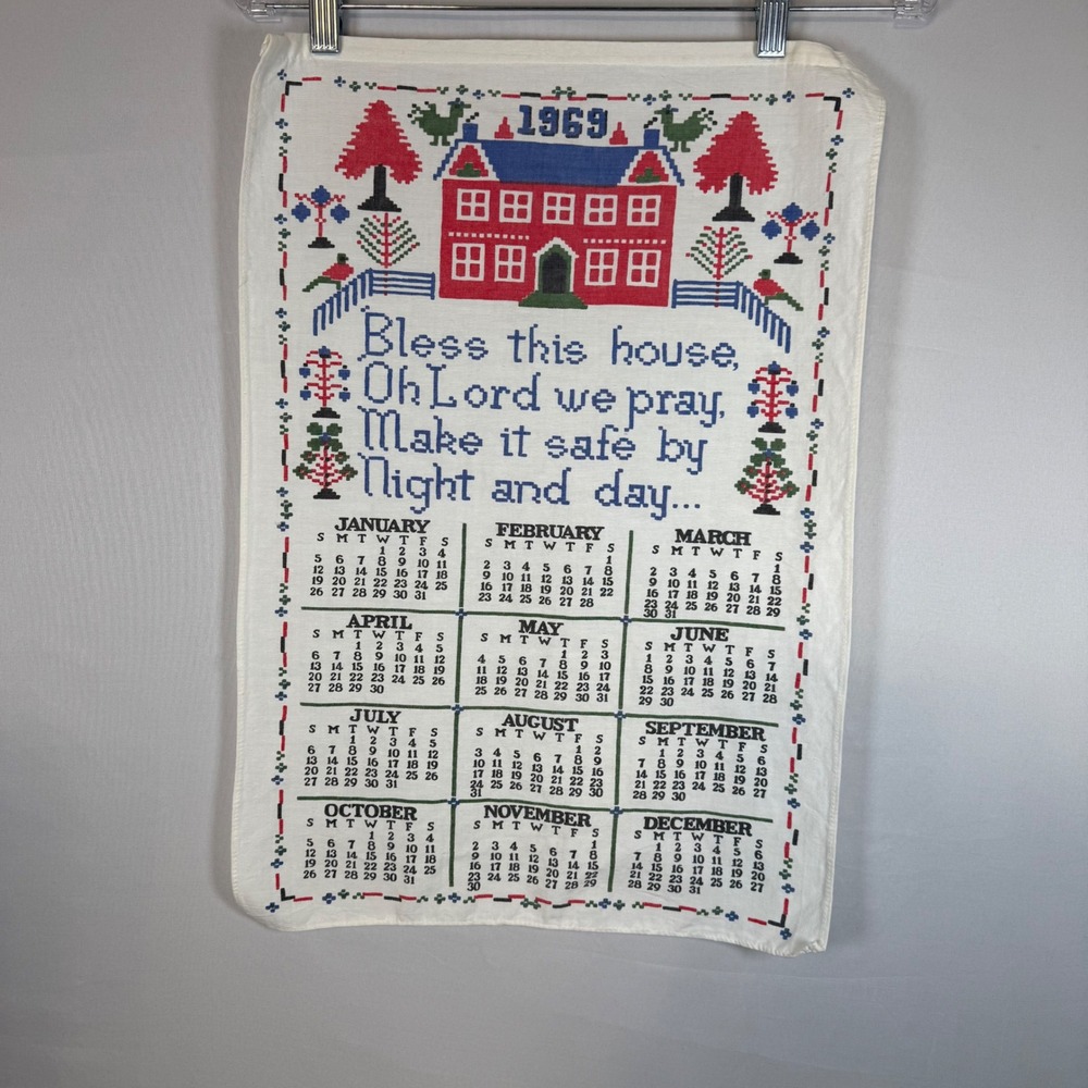 1969 Calendar Tea Towel Bless This House Folk Art Red House